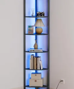 Furnulem 6 Tier Corner Shelf with LED Light, 67.5” Tall Standing Shelf Organizer, Black Narrow Bookshelf with Storage Rack for Wall Corner, Living Room, Bedroom, Metal Frame, Wood Display Shelf
