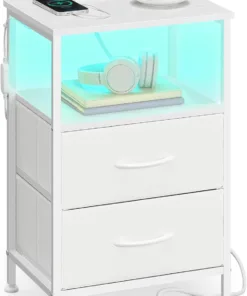 SONGMICS BELLAH Collection - Nightstand with Charging Station and App-Controlled Adjustable LED Lights. Bed Side Table. 2 Drawer and 1 Open Shelf. Bedroom. Cloud White and Snow White ULGS302WH01S