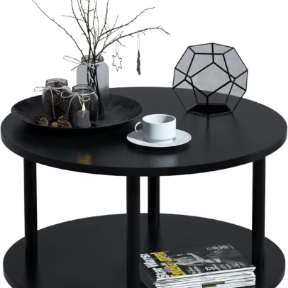 Small Round Coffee Table with Open Storage for Small Space. 23.5 Black 2-Tier Wooden Center Table for Living Room. Metal Legs. Easy to Assemble