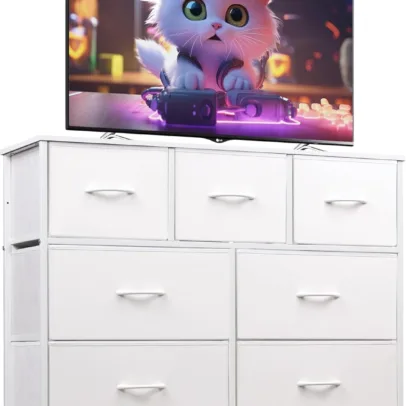 WLIVE 7 Drawer Dresser TV Stand. Dressers for Bedroom. Fabric Storage Tower. Hallway. Entryway. Closets. Sturdy Steel Frame. Wood Top. Easy Pull Handle. White