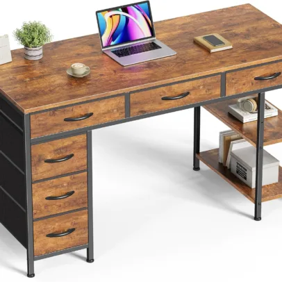 Huuger Computer Desk with 6 Drawers. Office Desk with Shelves. Reversible Gaming Desk. Corner Desk with Storage. Work for Home Office. Study. Living Room. 47inch. Rustic Brown