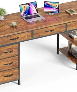 Huuger Computer Desk with 6 Drawers, Office Desk with Shelves, Reversible Gaming Desk, Corner Desk with Storage, Work for Home Office, Study, Living Room, 47inch, Rustic Brown