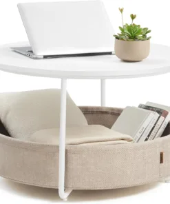 VASAGLE LILEA Collection - Coffee Table with Storage. Round Center Table for Living Room with Fabric Basket. Modern Style. Metal Frame. Matte White and Camel Brown ULCT244W10