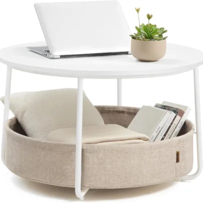 VASAGLE LILEA Collection - Coffee Table with Storage. Round Center Table for Living Room with Fabric Basket. Modern Style. Metal Frame. Matte White and Camel Brown ULCT244W10