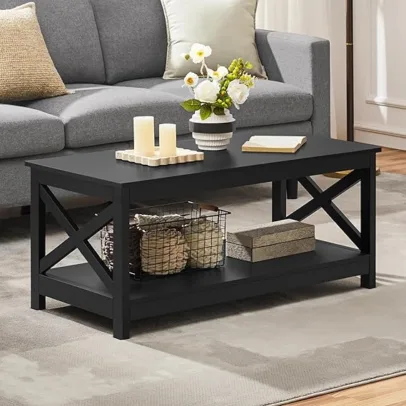 Yaheetech Wood 2-Tier Black Coffee Table with Storage Shelf for Living Room, X Design Accent Cocktail Table, Easy Assembly Home Furniture, 39.5 x 20 x 18 Inches
