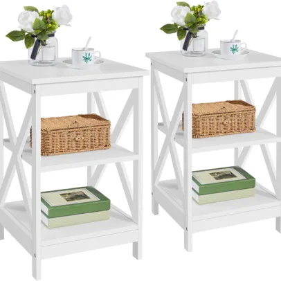 Yaheetech End Tables Set of 2. 3-Tier Side Tables with Storage for Living Room. Sturdy X Design Wooden Large Sofa Side Table Storage Cabinet with Shelves. 16x16x24''(LxWxH). White