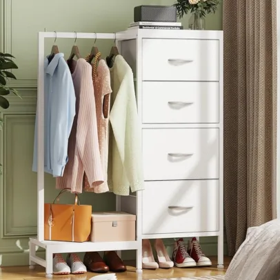 Dresser with Hanging Rack, 4 Drawers Small Closet for Bedroom, Reversible Fabric Kids Chest of Drawers with Clothes Rack, Tall Storage Tower, Sturdy Frame, White, 44''H