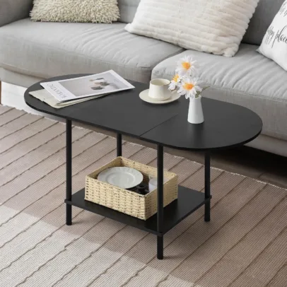 Coffee Tables for Living Room.2-Tier Small Coffee Table Industrial Modern Black Coffee Table with Storage Shelf and Wood Tabletop for Small Space.Home Office