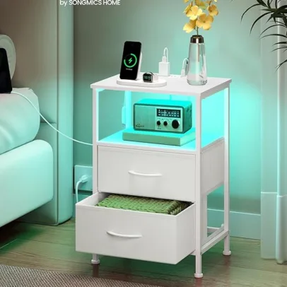SONGMICS BELLAH Collection - Nightstand with Charging Station and App-Controlled Adjustable LED Lights, Bed Side Table, 2 Drawer and 1 Open Shelf, Bedroom, Cloud White and Snow White ULGS302WH01S