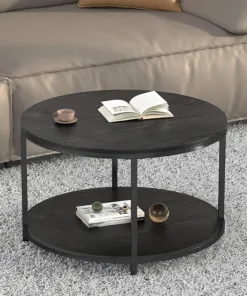 NSdirect Round Coffee Table, 25.6" Small Coffee Table for Living Room,2-Tier Rustic Wood Desktop with Storage Shelf Modern Design Home Furniture(Brown)