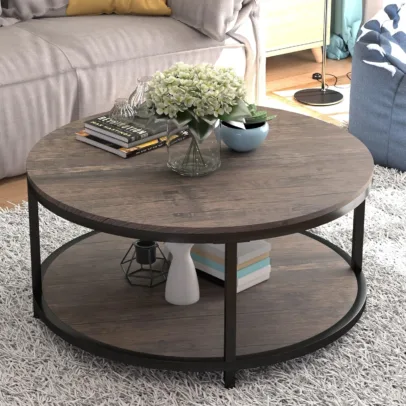 NSdirect Round Coffee Table.36 Coffee Table for Living Room.2-Tier Rustic Wood Desktop with Storage Shelf Modern Design Home Furniture(Light Walnut)